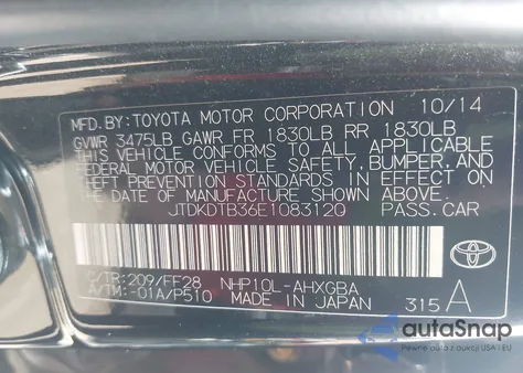 2014 Toyota Prius C Three z USA, uszkodzony, nr VIN JTDKDTB36E1083120